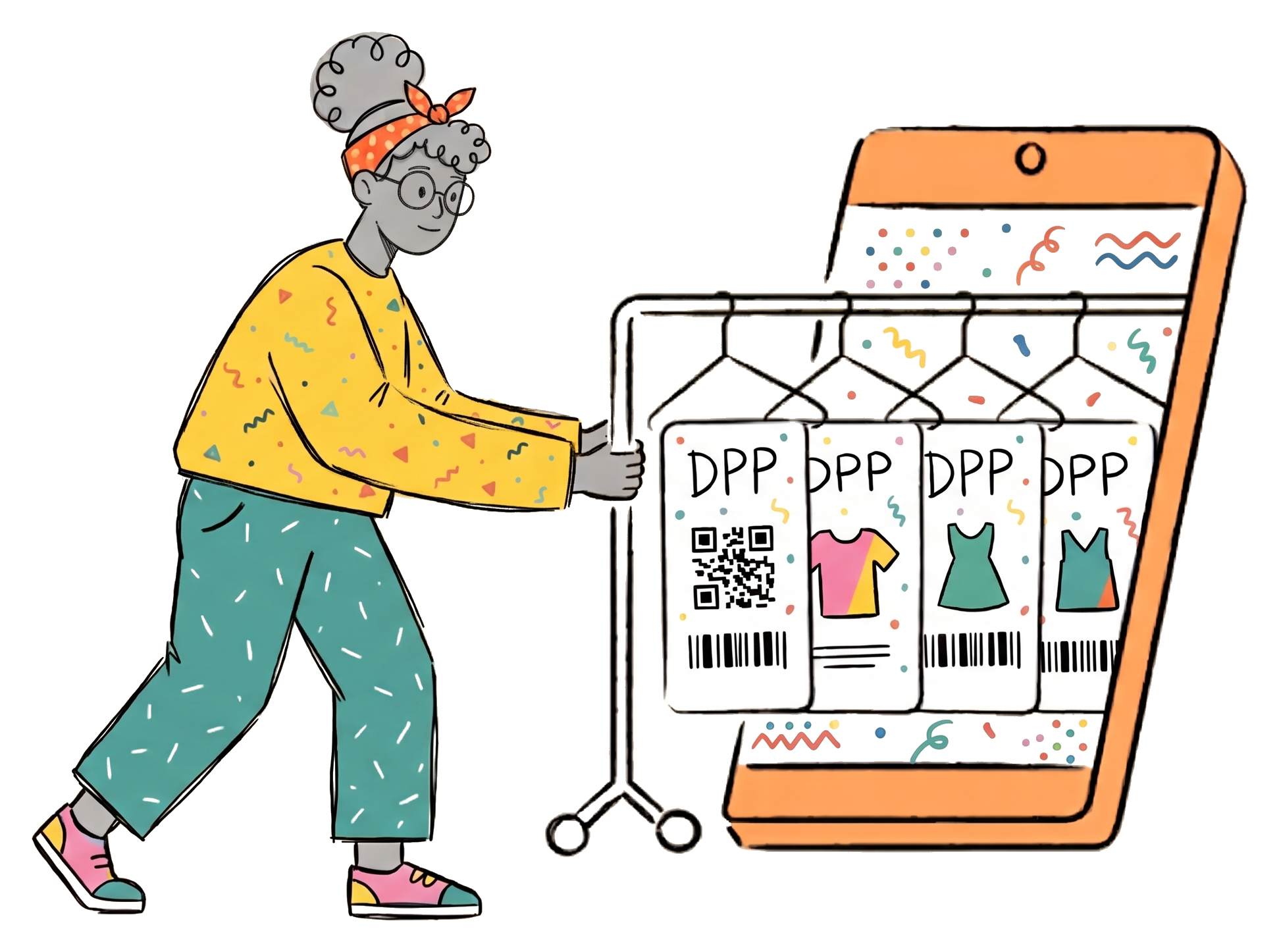 Illustration of a person with a cart of DPP product tags beside a large phone scanning a QR code